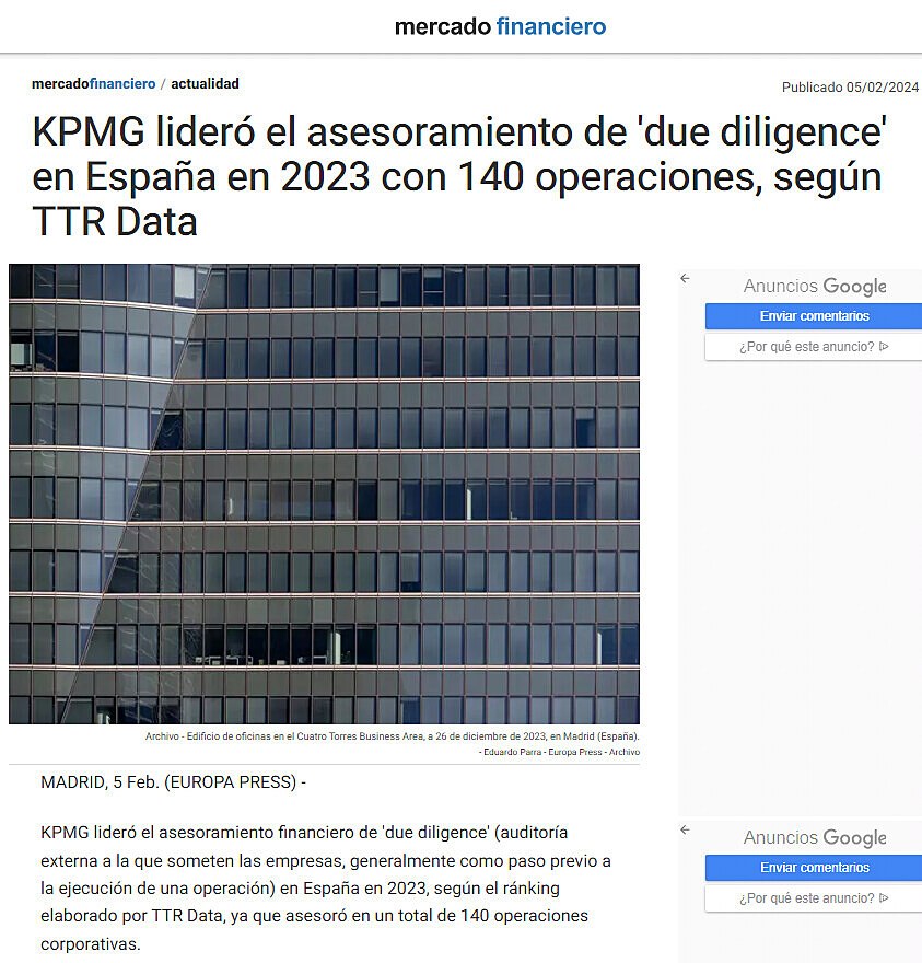 KPMG lider el asesoramiento de 'due diligence' en Espaa en 2023 con 140 operaciones, segn TTR Data
